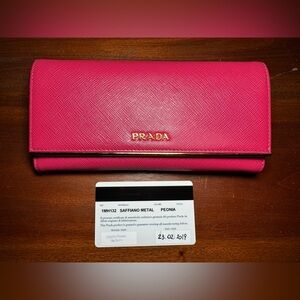 Authentic pink Prada saffiano leather continental wallet w/ original COA and box
